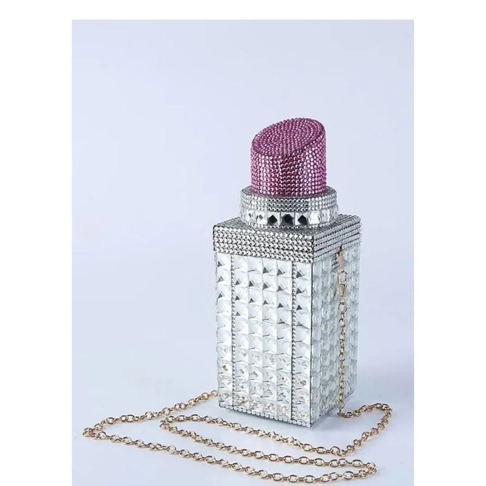 Women Bling Evening Bag Pink Rhinestone Diamond Lipstick Party Crossbody